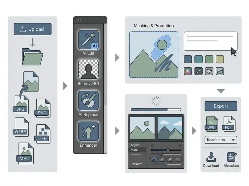 Workflow diagram showing steps from file upload and tool selection to masking, processing, and export