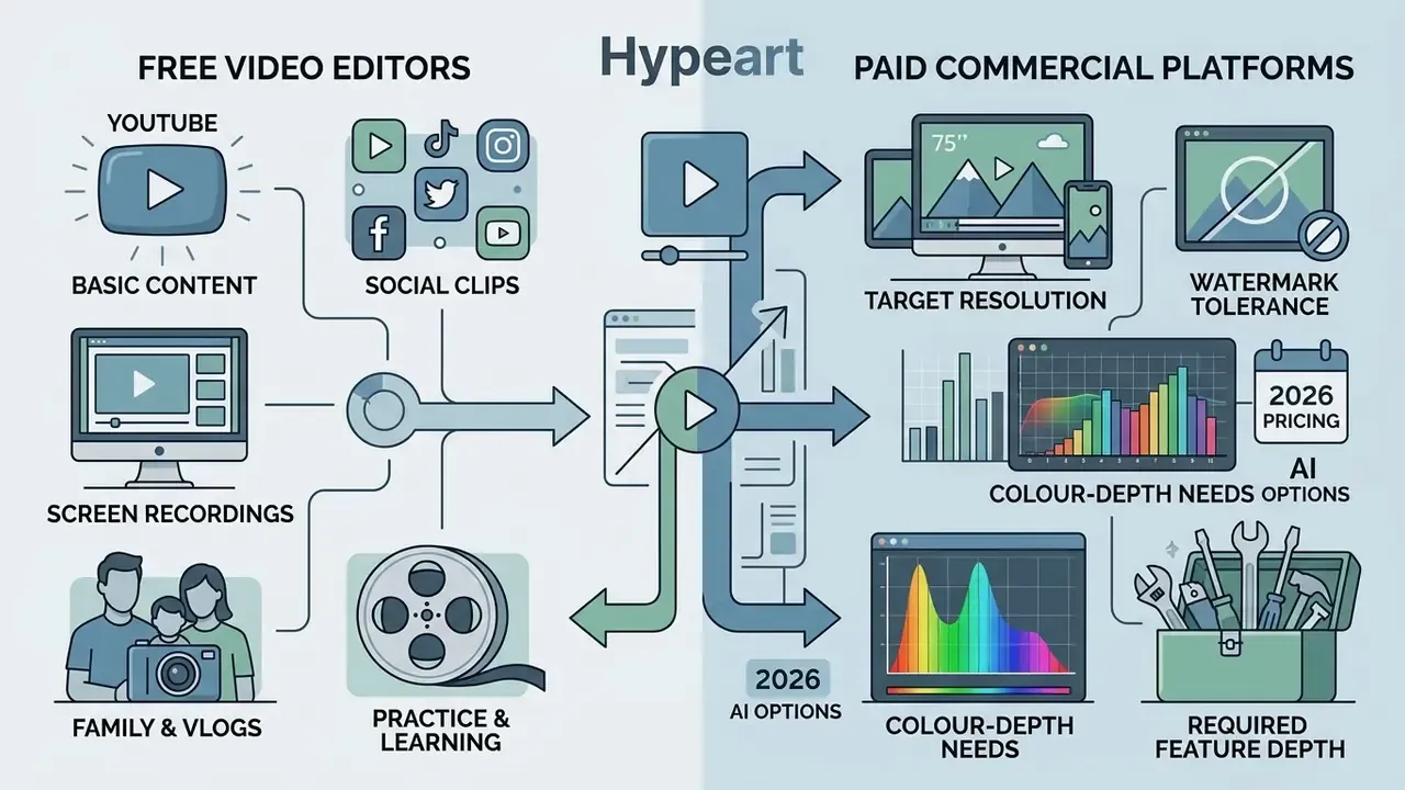 Comparison chart contrasting use cases for free video editors against paid commercial platforms
