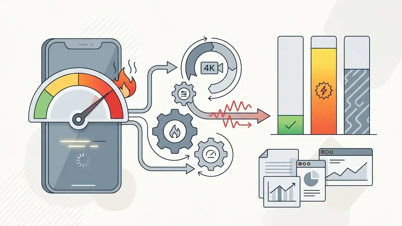 Smartphone with a heat gauge showing high load during 4K video export and processing