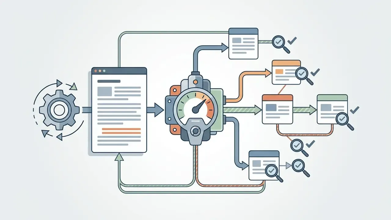 Text data flowing through a central gauge processor to generate verified project documents