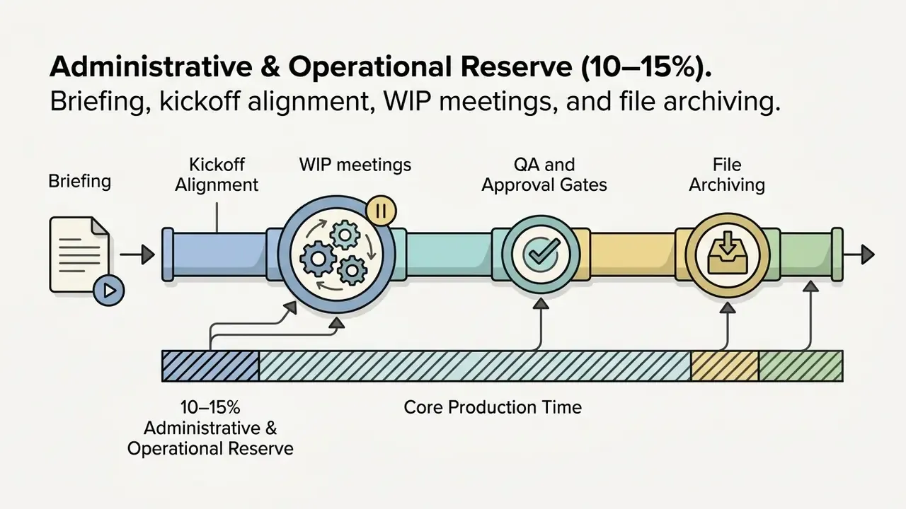 Pipeline graphic showing project stages connected to a time allocation bar for administrative tasks