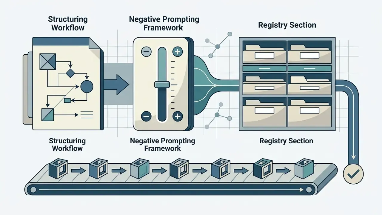 Process diagram showing a workflow, negative prompting framework, and registry section for AI art prompts