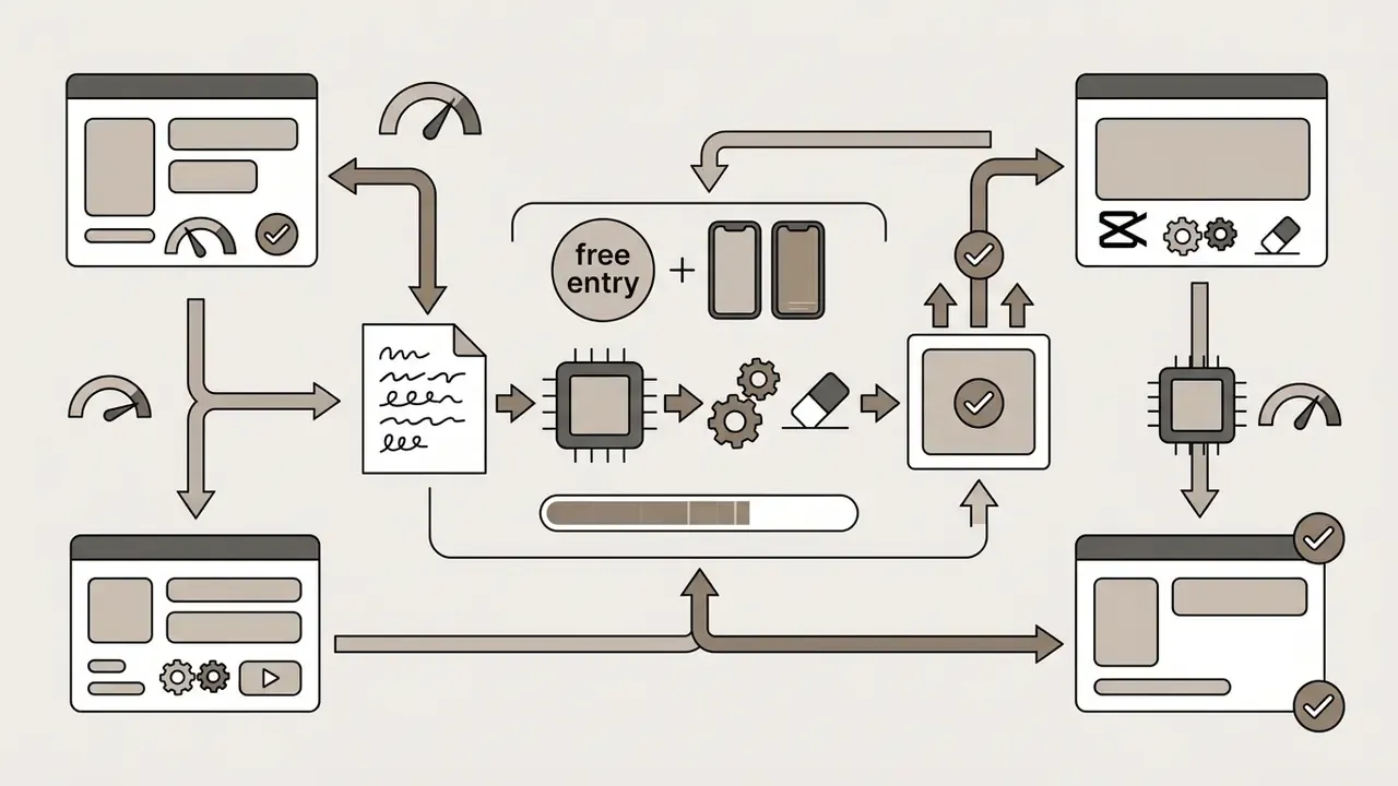 System architecture showing media processing through mobile and desktop app interfaces with AI tools