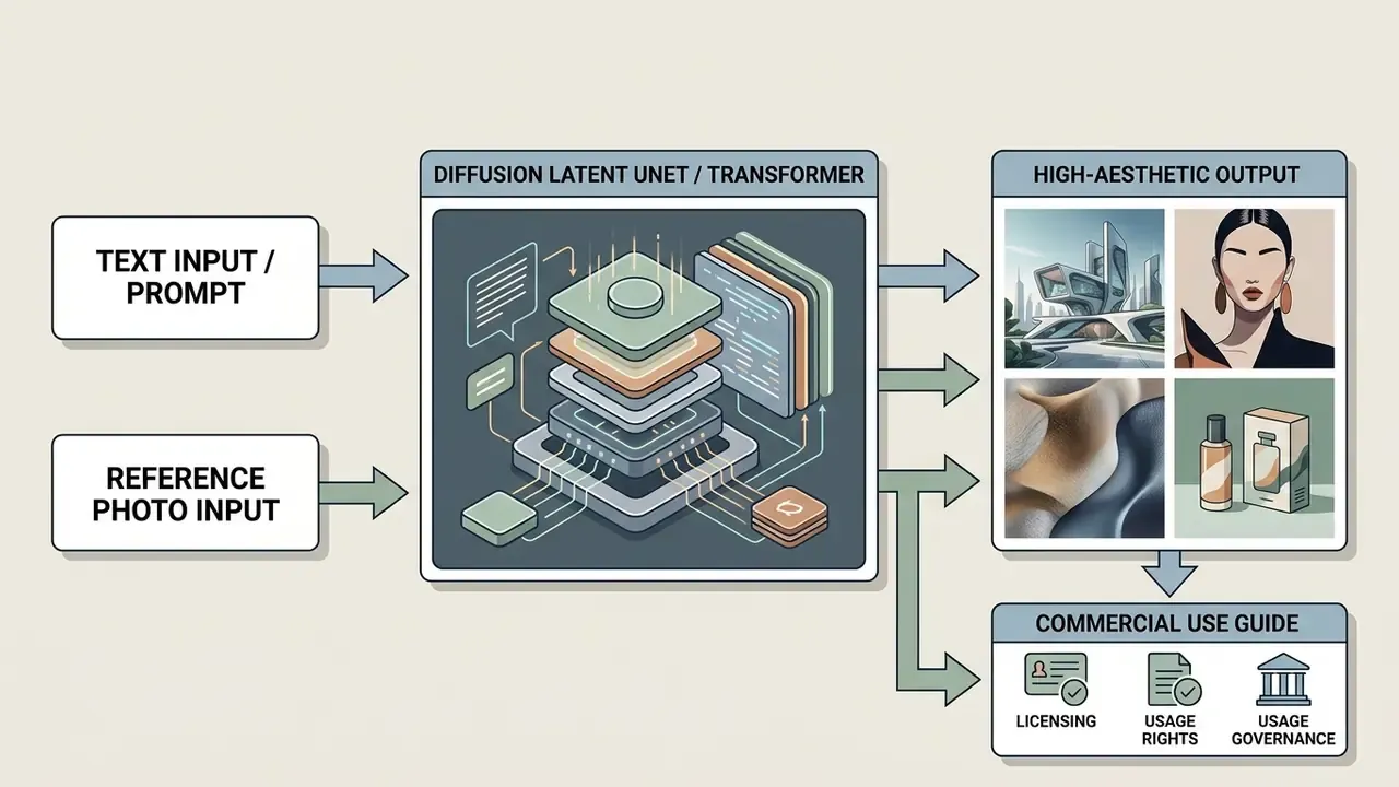 Flowchart showing how text and photo inputs are processed by a model to generate visual content