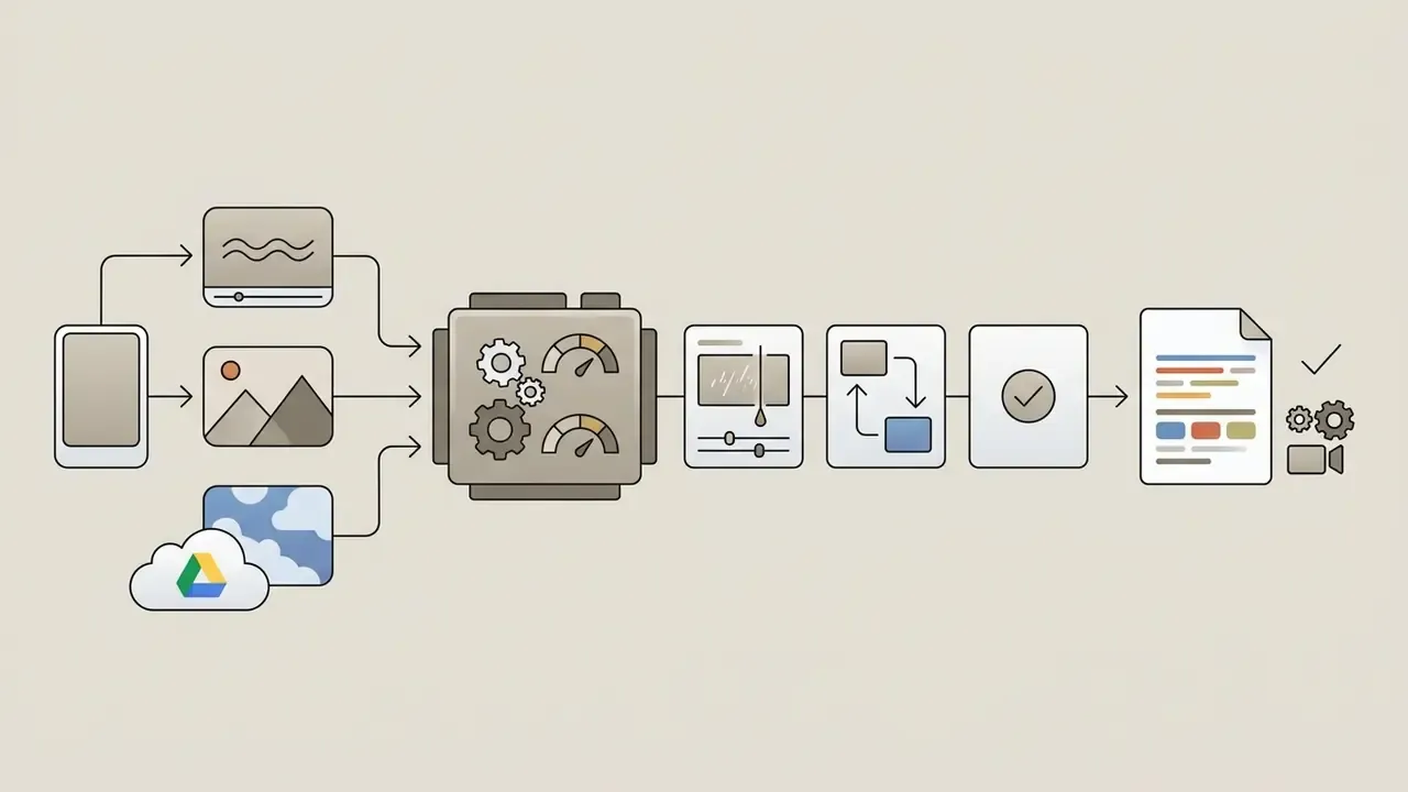 Various media files entering a central processing unit for editing and final file generation