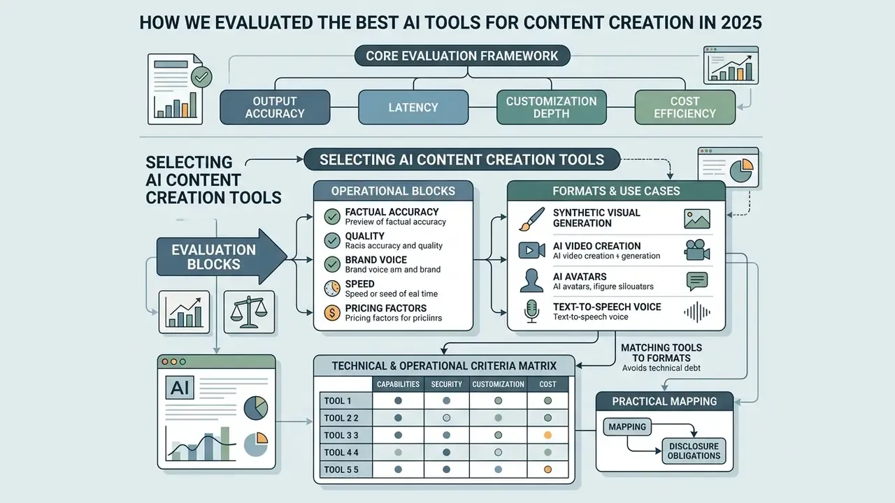 Flowchart mapping core evaluation criteria to operational blocks and technical matrices for AI tools