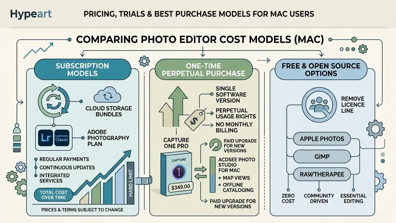Comparison of subscription, perpetual purchase, and free software models for the best photo editor for Mac