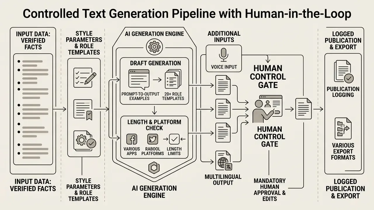 Diagram showing verified facts flowing through style parameters and AI engines to a human control gate