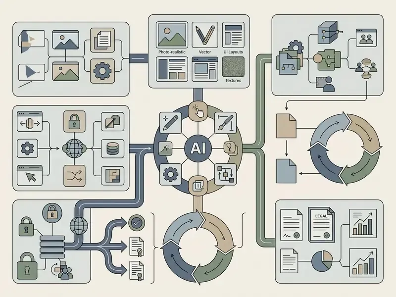 Central AI hub connected to various design workflows, technical requirements, and governance processes