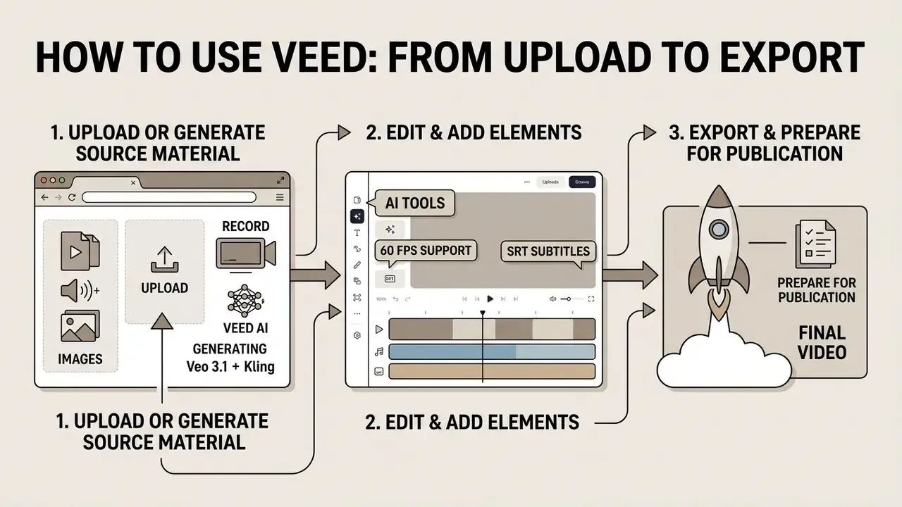 Three-step process showing media upload, video editing with AI tools, and final project export