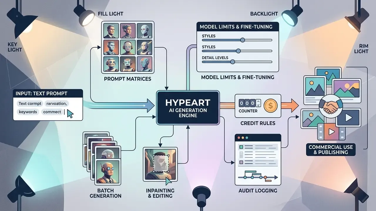 Diagram illustrating an AI image generation engine workflow with lighting effects and modular controls