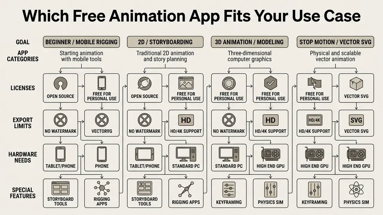 Flowchart mapping animation software categories to production goals, licenses, export limits, and hardware needs