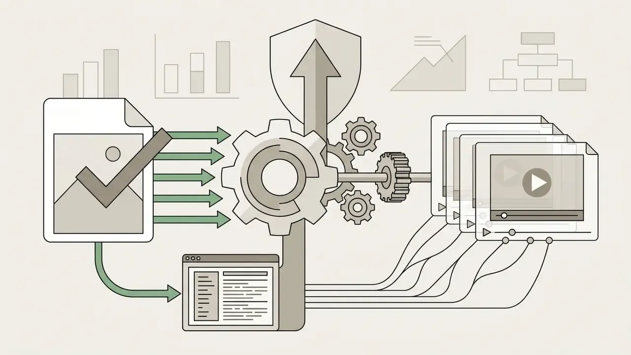 Verified image asset feeding into a gear mechanism that outputs a sequence of animated video frames
