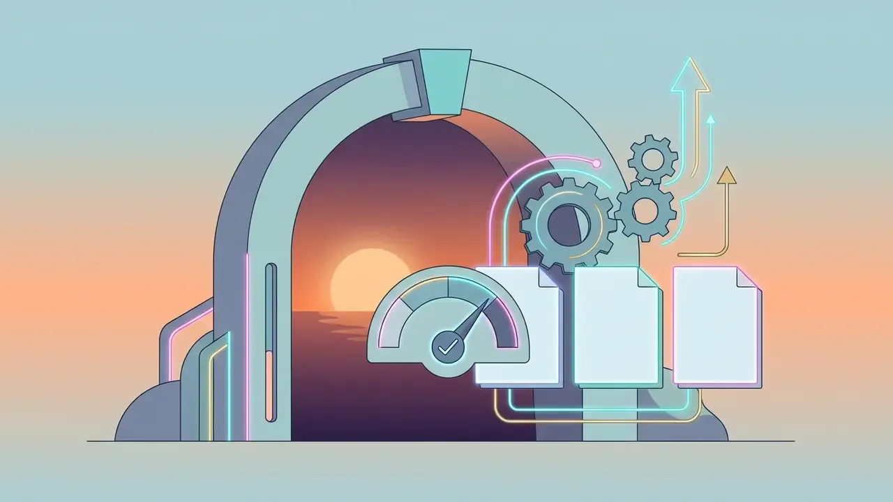 Archway framing a sunset with a speedometer gauge, mechanical gears, and three blank document icons