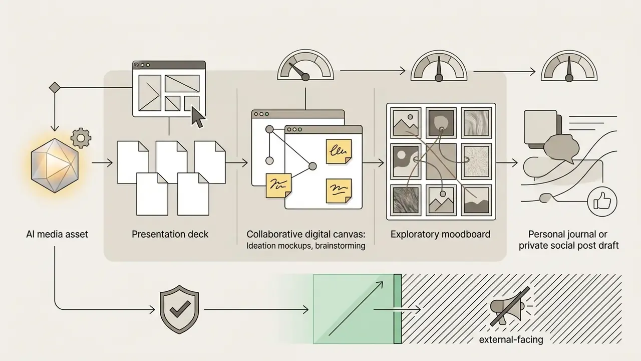 Process map showing AI asset progression through internal mockups and moodboards toward private use
