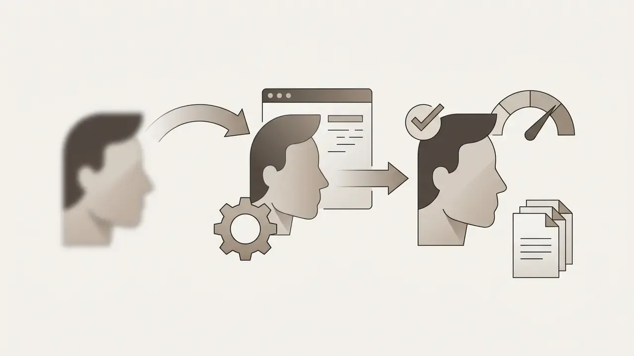 Blurred human profile being processed by a gear and software to emerge as a sharp, verified portrait