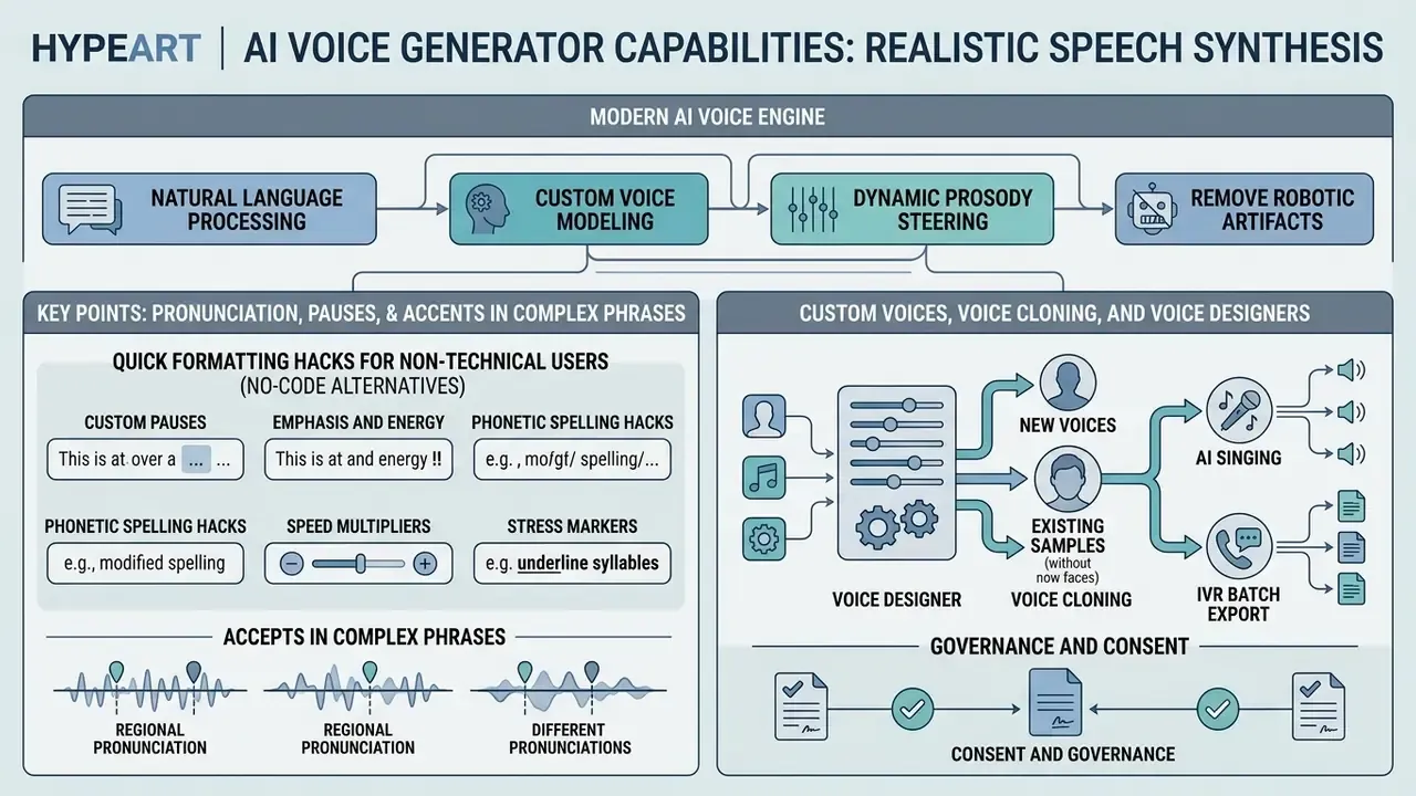 Infographic showing speech synthesis engine components, formatting hacks, and voice customization workflows