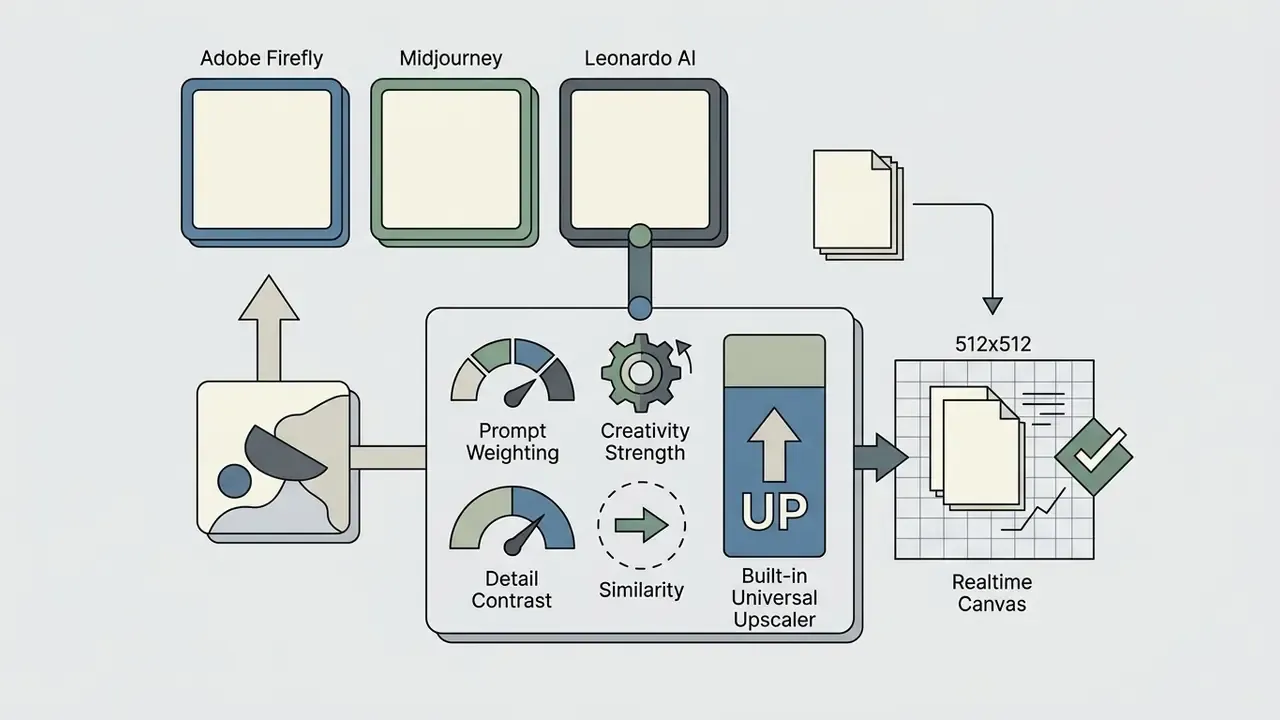 Leonardo AI control panel showing settings for prompt weighting, creativity, contrast, and upscaling
