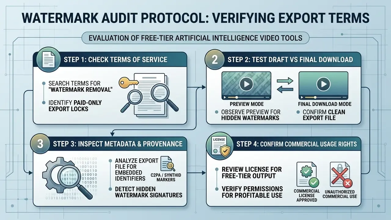 Four-step flowchart detailing the audit process for identifying watermarks in free AI video generator tools