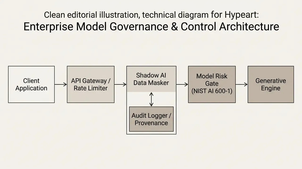 Block diagram showing data flow from client applications through security gates to a generative engine