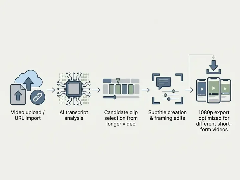 Step by step workflow from video import through transcript analysis to final vertical clip export