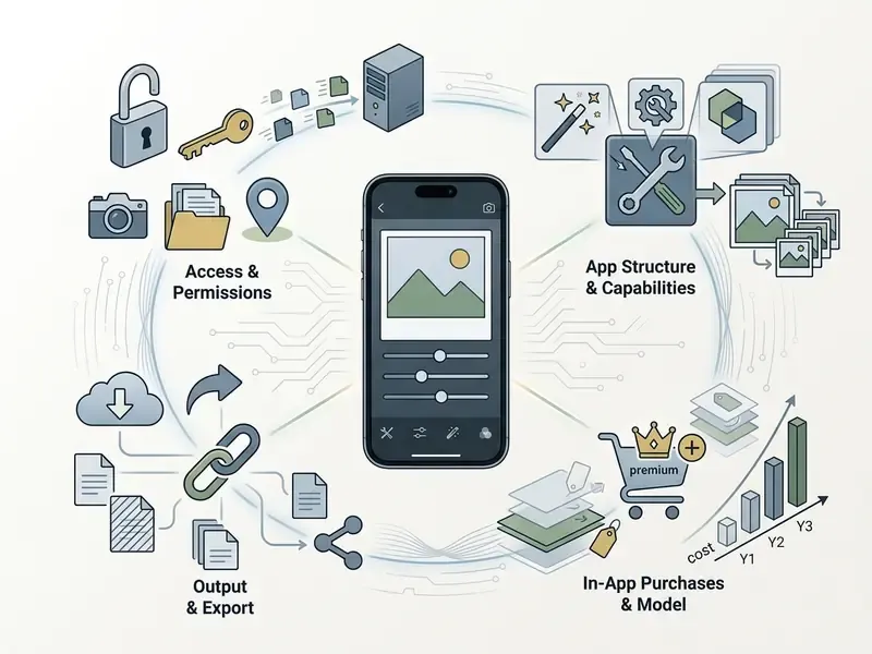 Diagram showing iPhone photo editor app features like permissions, tool capabilities, and pricing models
