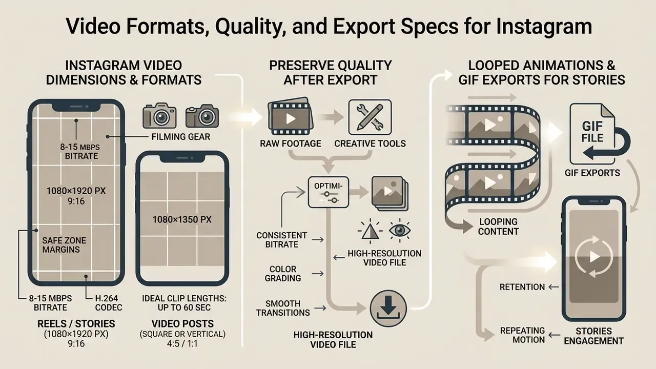 Infographic detailing video dimensions, quality optimization techniques, and looping animation processes
