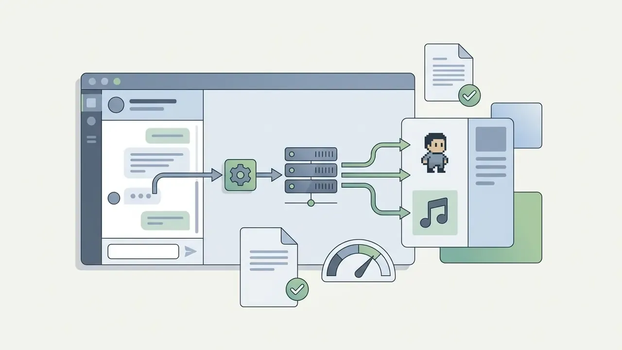 Chat interface sending requests to a server that generates pixel art characters and music files
