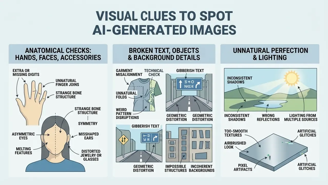 Diagram detailing anatomical errors, broken background details, and lighting inconsistencies in AI images