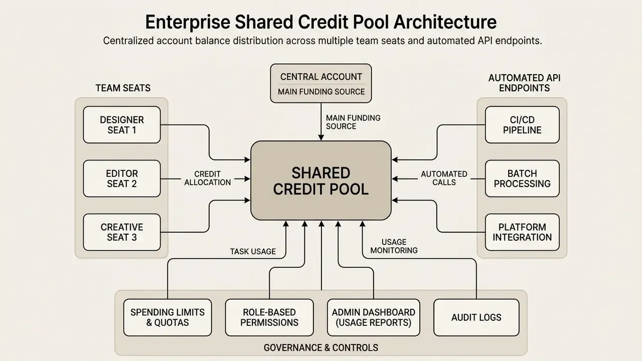 Centralized shared credit pool architecture connecting team seats, API endpoints, and governance controls