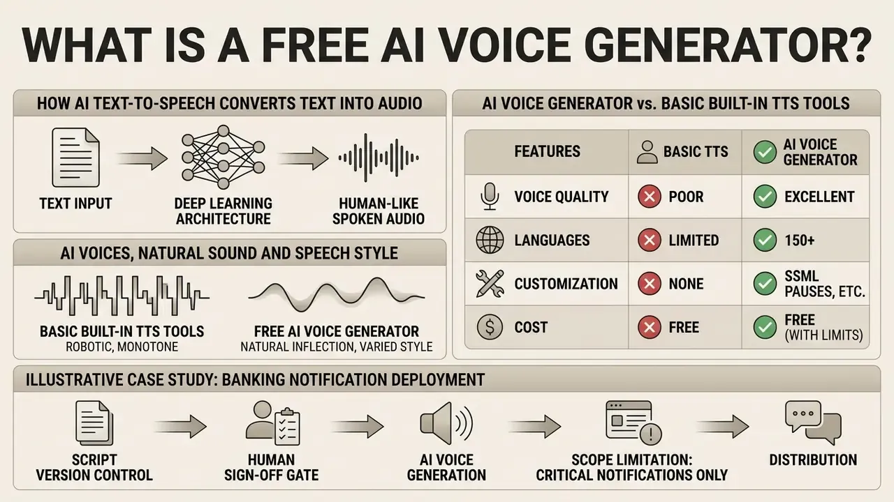 Infographic comparing AI voice generators to basic tools through process diagrams and feature tables