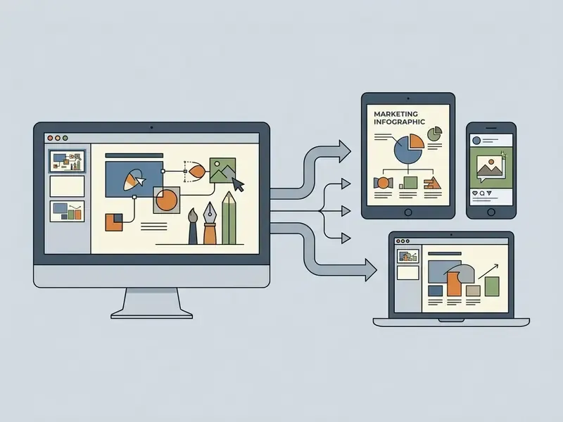 Desktop computer screen exporting design layouts to a tablet, smartphone, and laptop for visual marketing