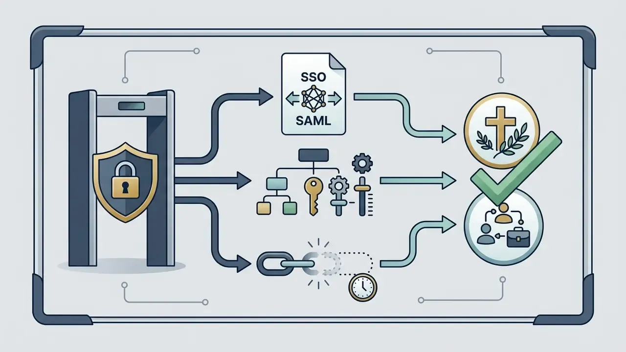 Security gate directing data through SSO, SAML, and permission settings to reach verified access points