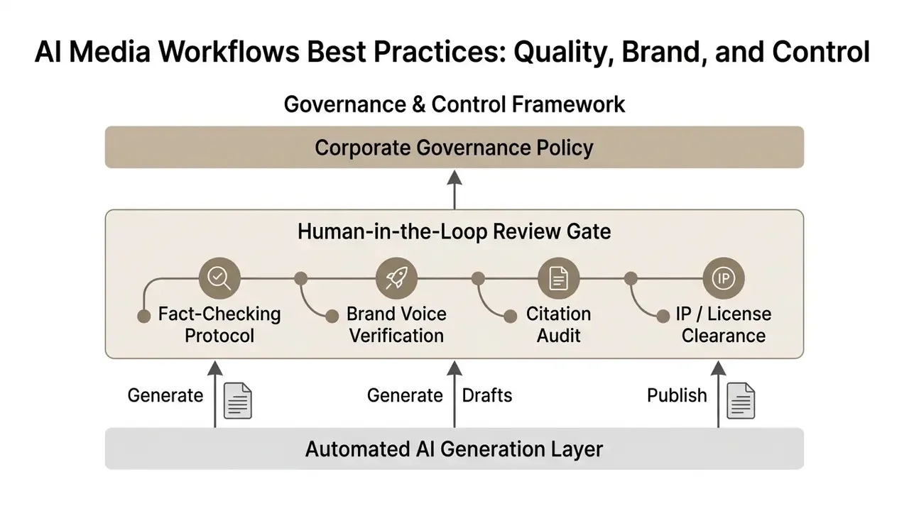 Diagram showing an automated generation layer passing content through a human-in-the-loop review gate