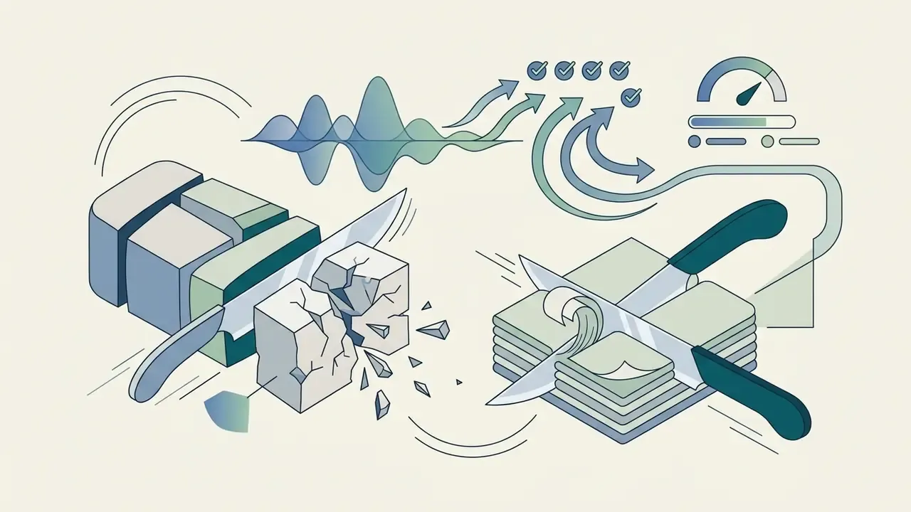 Knives slicing through brittle and soft materials with audio wave patterns and performance indicators