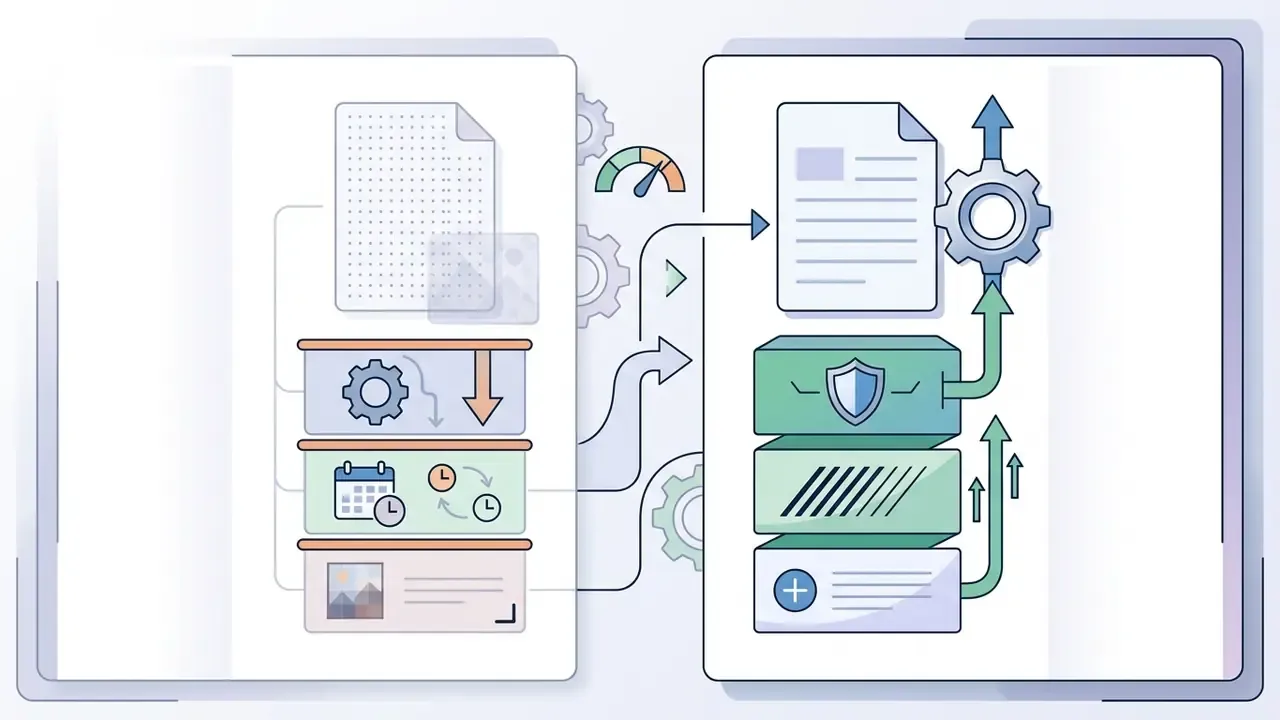 Two panels showing data processing steps with gears, a speed gauge, and document management icons