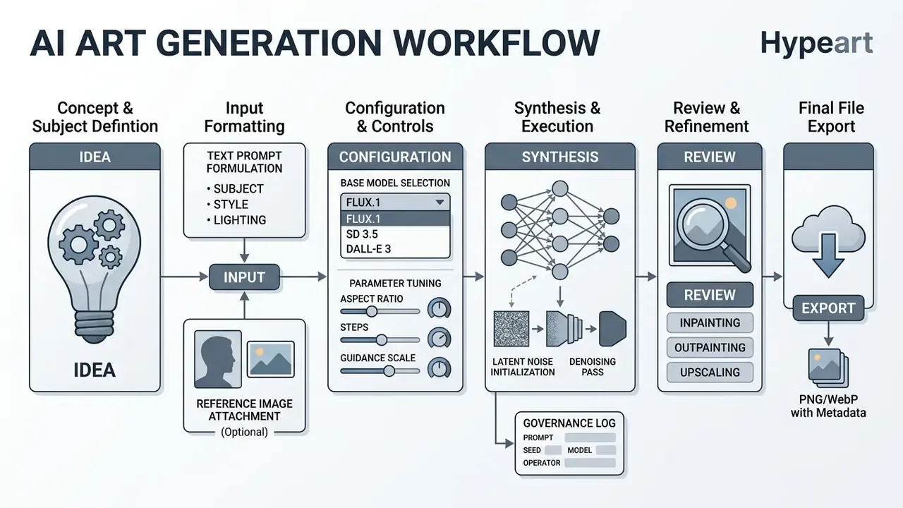 Sequential diagram detailing the stages of an AI art generator from initial concept to final file export