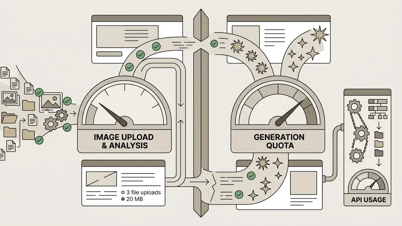 Split gauges showing separate paths for image uploads and generation quotas with distinct API usage