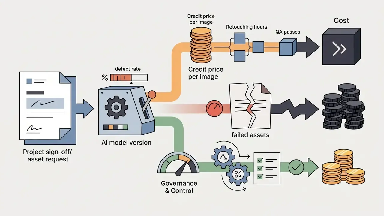 Document entering a machine that splits into paths for production costs, asset failure, and governance
