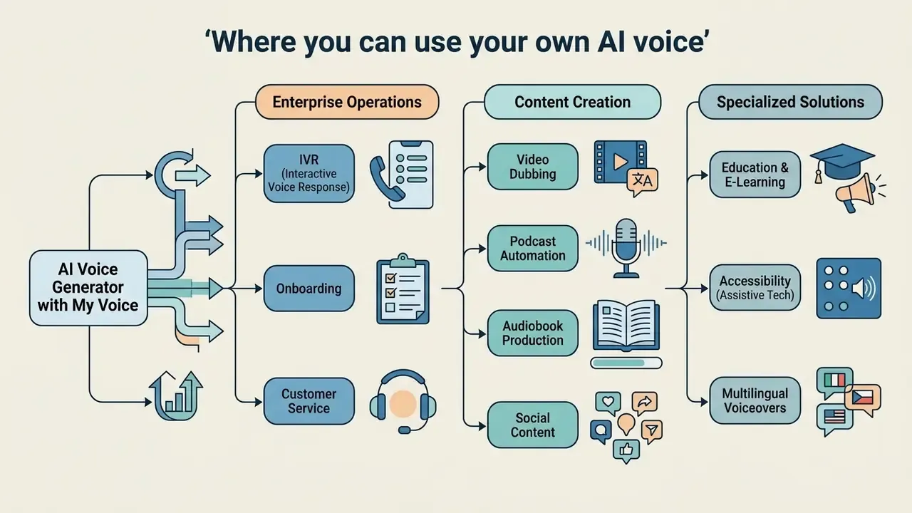 Diagram mapping synthetic speech applications across enterprise operations, content creation, and education