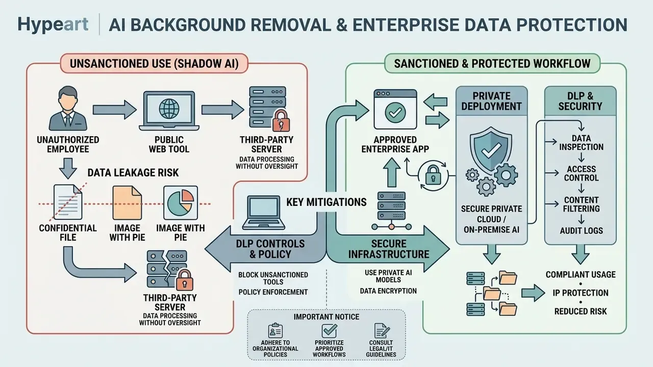 Comparison of risky shadow AI usage versus sanctioned enterprise workflows for background removal