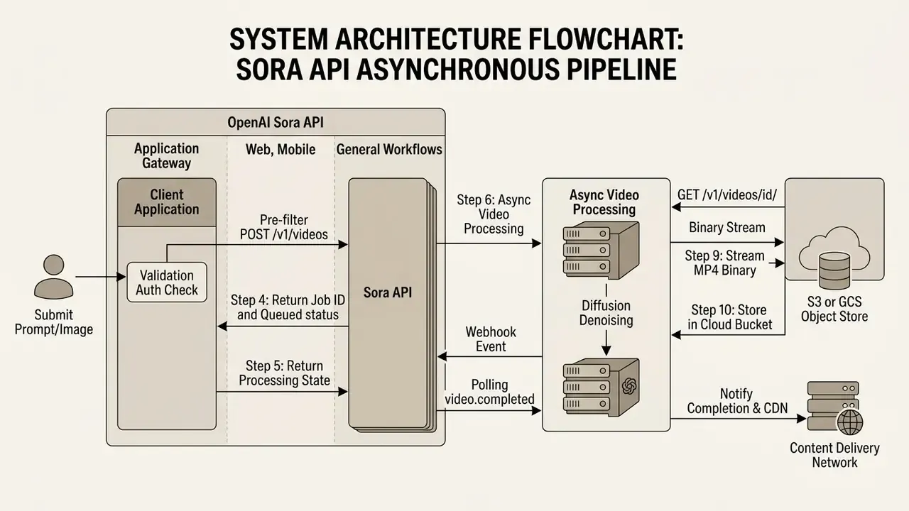 Step-by-step diagram showing the asynchronous data flow from client request to cloud storage and delivery