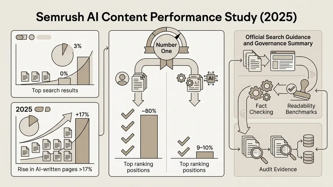 Charts showing AI content growth and ranking comparisons between human and AI-generated search results