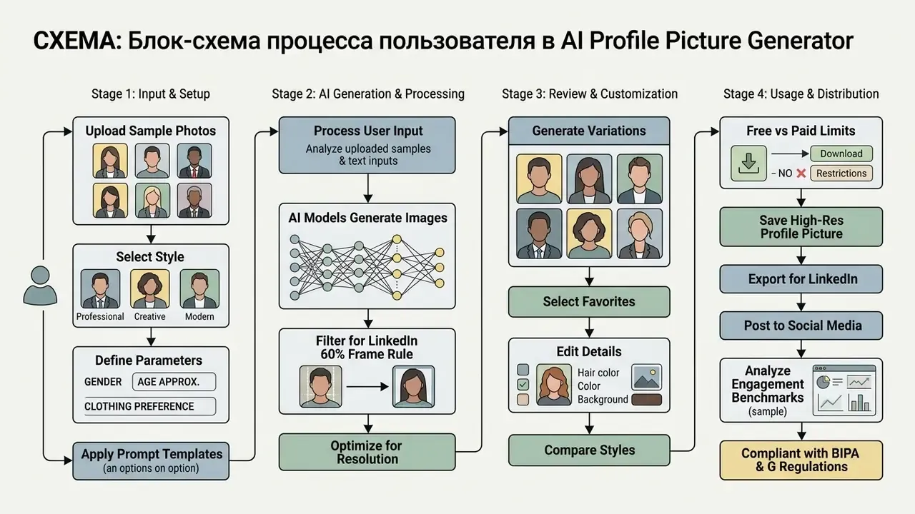 Flowchart showing the four-stage user process of an AI profile picture generator from input to export
