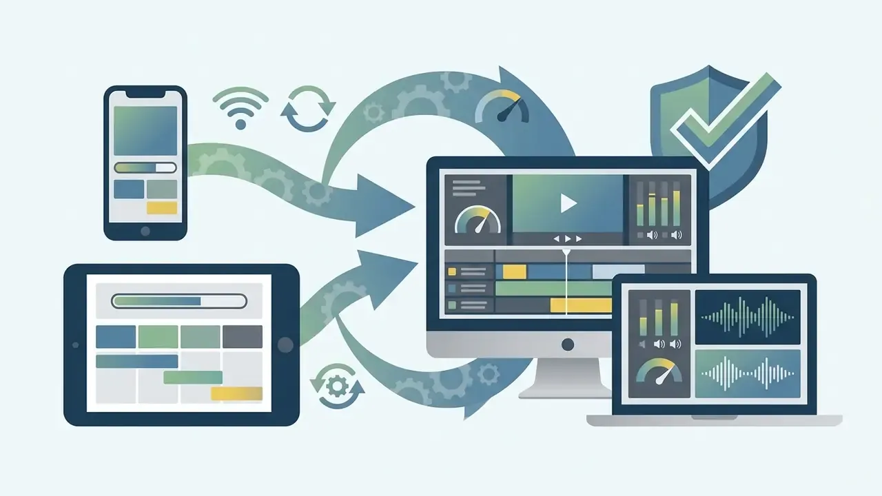 Smartphone and tablet syncing video projects to a computer workstation protected by a security shield