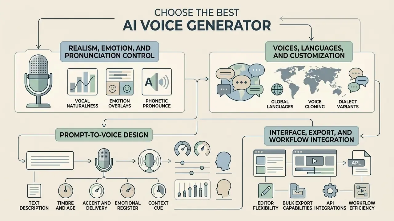Diagram mapping key features like prompt-to-voice design and language options for an AI voice generator