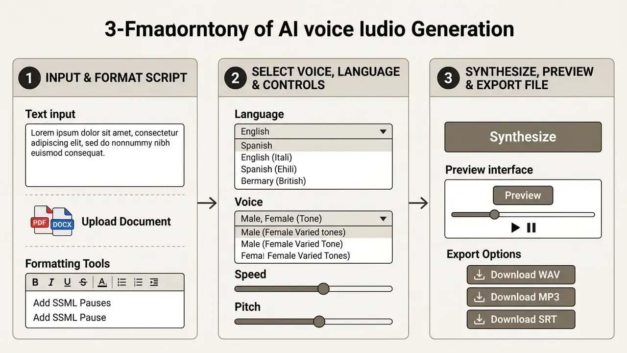 Three-step workflow diagram showing text input, voice configuration settings, and audio export options