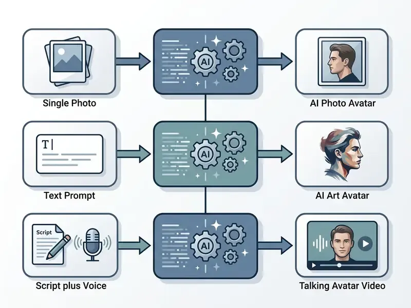Ai avatar generator format selection diagram mapping photo, text, and script inputs to specific outputs