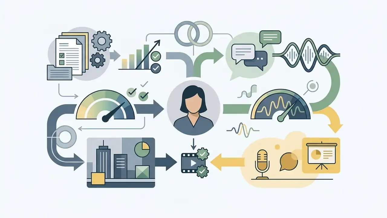 Central avatar figure connected to icons for speech analysis, performance gauges, and media production