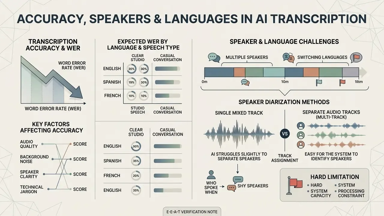 Charts showing how audio quality, speaker diarization, and language factors impact AI transcription accuracy